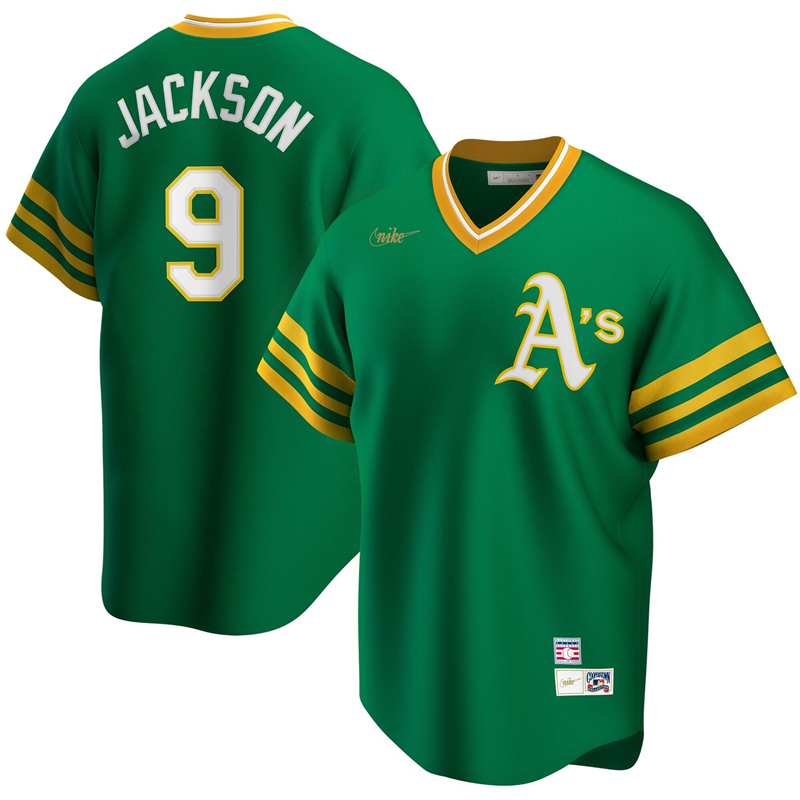 2020 MLB Men Oakland Athletics #9 Reggie Jackson Nike Kelly Green Road Cooperstown Collection Player Jersey 1